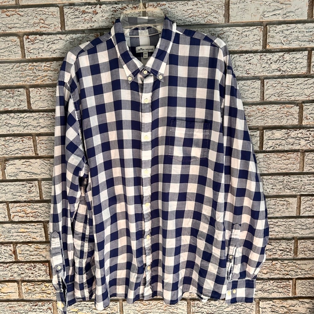 Peter Millar Mens XXL Navy White Gingham Button Down Shirt MS21W72C 01182021
